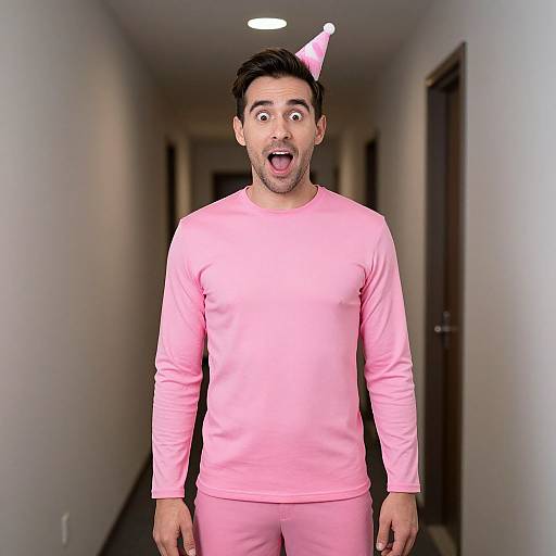 Photograph of a surprised man in pink long-sleeve shirt and pants, pink party hat, standing in a dimly lit hallway.