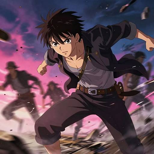 Anime-style digital artwork of a determined, spiky-haired young man in a black jacket and white shirt, fighting amidst a chaotic, colorful battle scene with