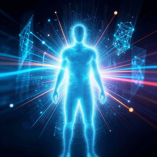 Digital art of a glowing blue, neon-lit humanoid figure radiating light, surrounded by geometric wireframes and colorful laser beams.