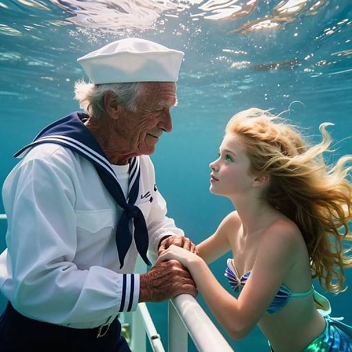 Photograph of an elderly white naval captain in a sailor uniform underwater, smiling at a young blonde girl in a blue bikini, holding a railing together,