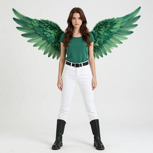 Photograph of a woman with long brown hair, green feathered wings, green top, white pants, black boots, and black belt, standing against