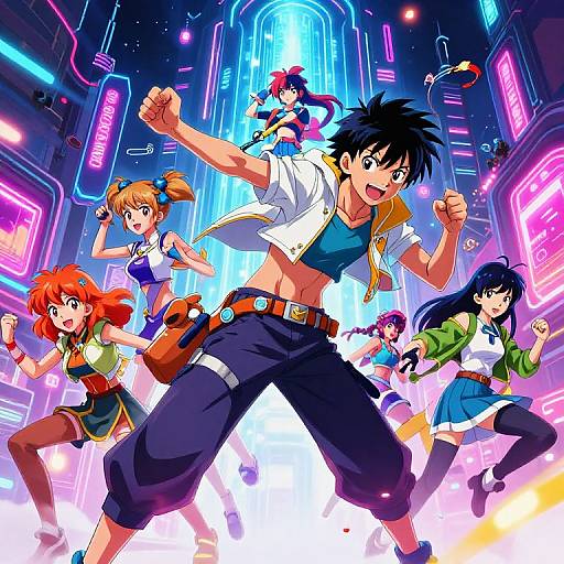 Anime-style digital illustration of a dynamic fight scene in a neon-lit futuristic city, featuring five energetic characters with colorful outfits.