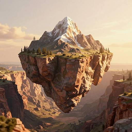 Photorealistic CGI of a floating, rocky mountain island with snow-capped peak, pine trees, and sunset lighting over a canyon landscape.