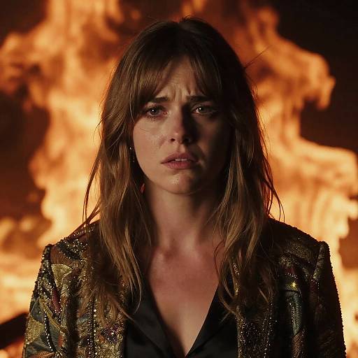 Photograph of a distressed woman with brown hair and bangs, wearing a sparkly gold jacket, against a fiery orange background.