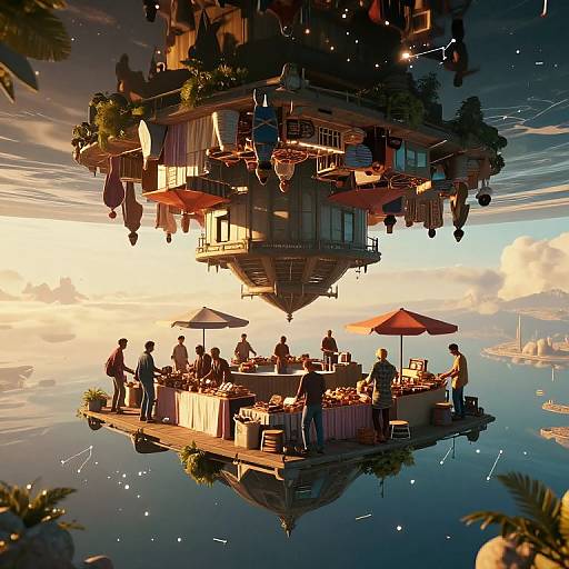 Digital art: Floating, intricately detailed wooden houses with balconies and red umbrellas, hosting a sunset dinner party on calm, reflective water.