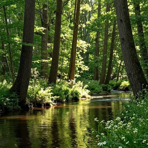 Photograph of a sunlit forest stream, reflecting light through dense green foliage and tall, brown-trunked trees, with small white flowers in the