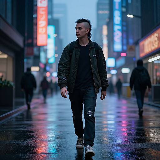 Photograph of a young man with spiky hair, wearing a black jacket and jeans, walking on a neon-lit, rainy city street at night