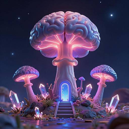 3D Render of Glowing Brain Mountain Scene