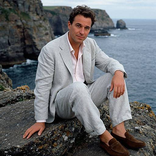 Photograph of a handsome man with short dark hair, wearing a light gray suit and white shirt, seated on a rocky cliff overlooking a blue ocean and