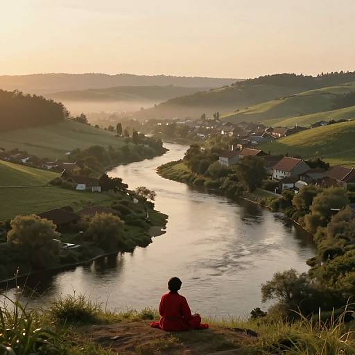Photograph of a person in a red shirt sitting on a grassy hill overlooking a serene river valley at sunset, with scattered houses and rolling green hills