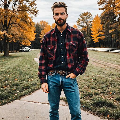 Man in Flannel Shirt and Jeans in Autumn Park