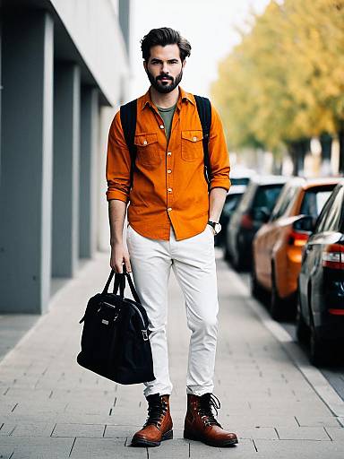 Young Man in Orange Shirt and White Pants with Black Bag