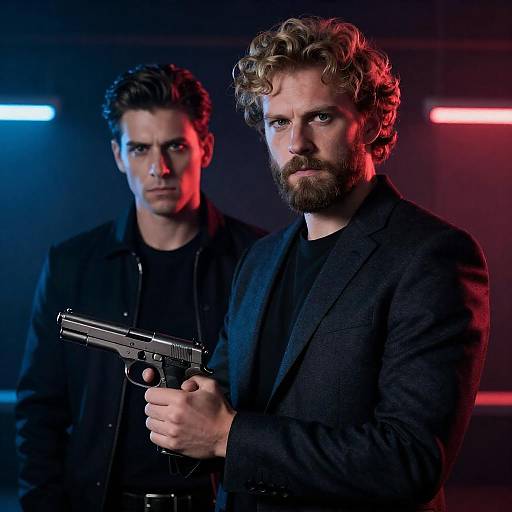 Two Men in Tense Neon-Lit Scene with Handgun