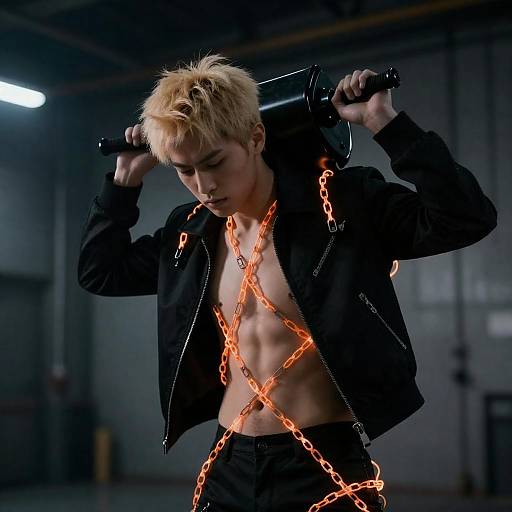 Intense Male Performer in Industrial Scene