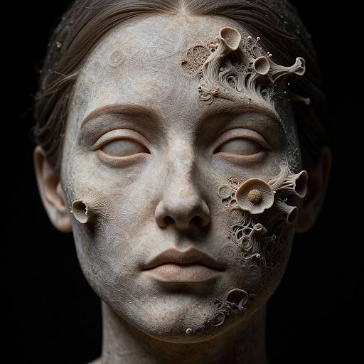 Digital artwork of a woman with pale, textured skin and closed eyes, featuring intricate, organic fungal-like growths on the right side of her face,