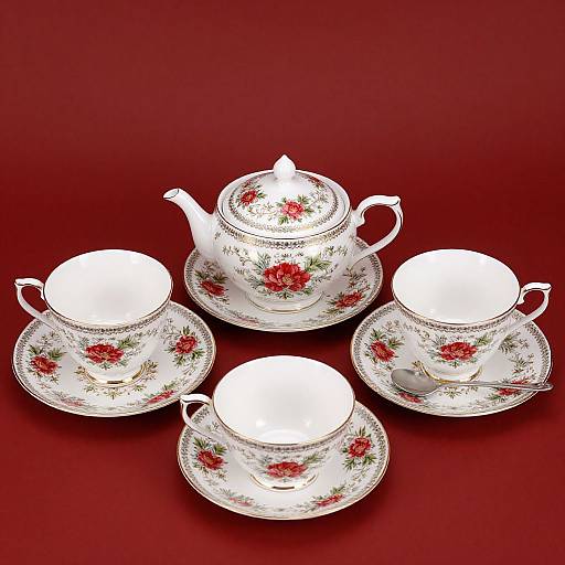 Photograph of a white floral tea set with red roses, including teapot, three cups, and saucers, on a deep red background.