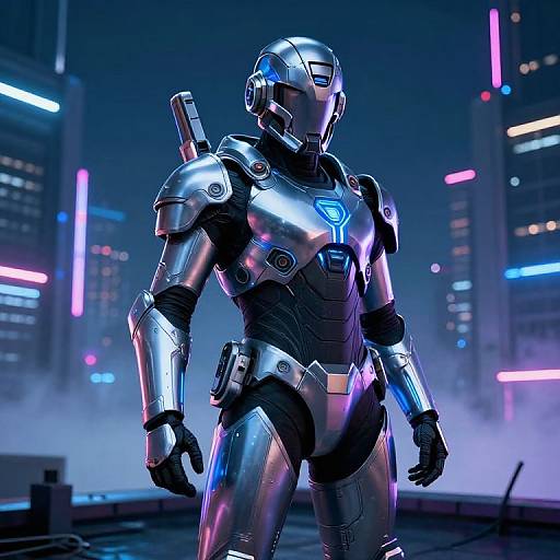 CGI image of a futuristic, silver armored robot standing in a neon-lit cityscape at night, with glowing blue and pink lights in the background