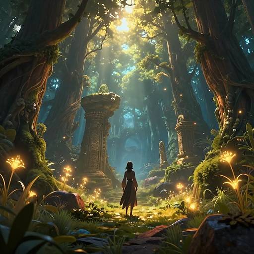 Digital fantasy artwork: Silhouetted figure in dark dress stands in enchanted forest with glowing flowers, ancient stone pillars, and sunbeams filtering through