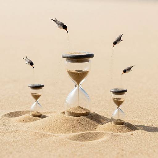 Photograph of three hourglasses on golden sand, with four small birds flying around, casting shadows on the sunlit desert.