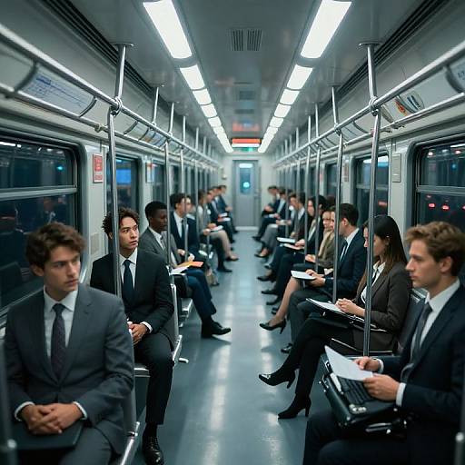 Photograph of a dimly lit subway car with business professionals in dark suits, ties, and black shoes, seated in rows on metal benches, under