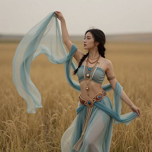 Photograph of an Asian woman with dark hair in a braid, wearing a blue belly dance outfit, gold jewelry, and flowing fabric, dancing in