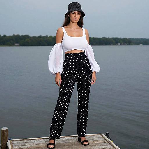 Photograph of a young woman with long brown hair, wearing a black bucket hat, white off-shoulder blouse, and black polka dot pants