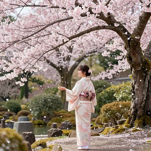 Photograph of a Japanese woman in a white kimono, standing under pink cherry blossoms, surrounded by a serene garden with rocks and moss.