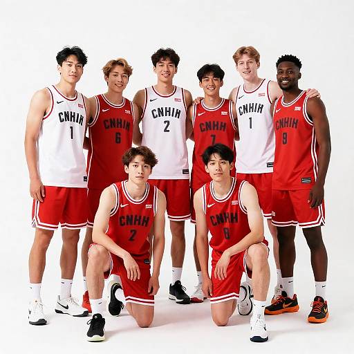 Diverse Basketball Team in Red and White Uniforms