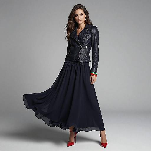 Contemporary Chic Woman in Leather Jacket and Flowy Skirt