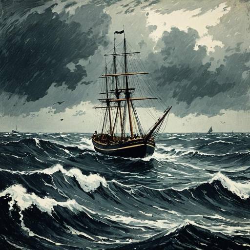 Vintage Sailing Ship in Stormy Ocean