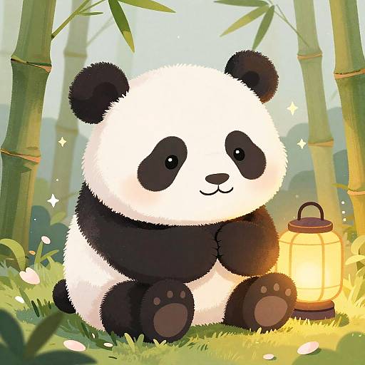 Cute cartoon panda with black-and-white fur, sitting on grass, holding a glowing lantern in a bamboo forest. Digital art.