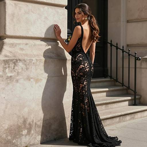 Woman in Black Lace Backless Evening Gown