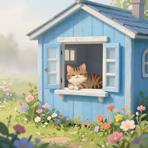 Digital illustration of a happy, brown tabby cat with closed eyes, lounging in a blue wooden window of a small cottage surrounded by vibrant, colorful