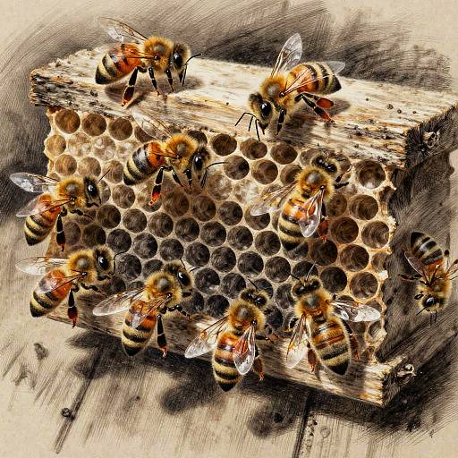 Realistic Drawing of Bees on Honeycomb