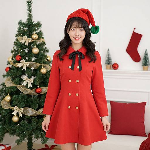 Photograph of an Asian woman with black hair, wearing a red Christmas dress, hat, and black bow, standing in a festive living room with decorated