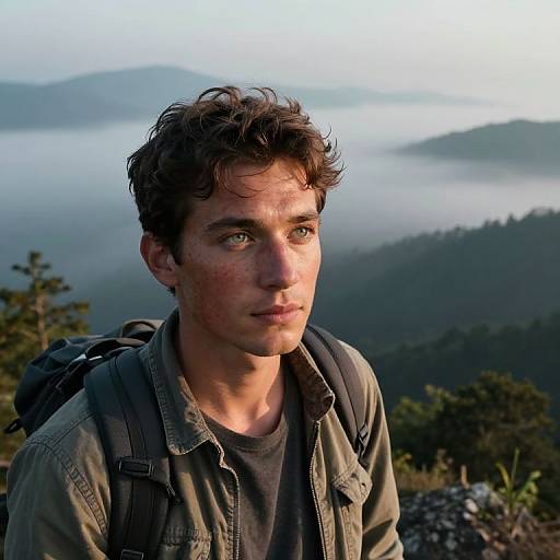 Photograph of a young man with curly brown hair, green eyes, and slight freckles, wearing a green jacket and backpack, standing in a