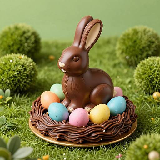 Photograph of a chocolate bunny statue with raised ears, surrounded by colorful pastel Easter eggs in a chocolate nest, set on green grass with round,