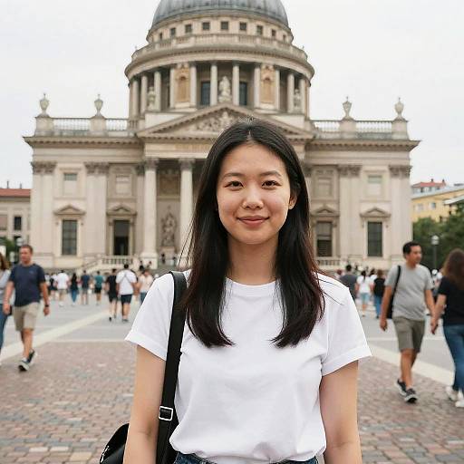 Photograph of an Asian woman with long black hair, wearing a white t-shirt and black shoulder bag, standing in front of a grand, dome-t