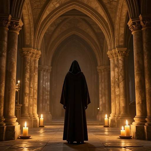 Hooded Figure in Ancient Cathedral