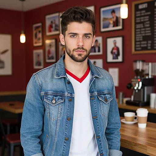 Photograph of a handsome, bearded man with dark hair, wearing a denim jacket over a white V-neck shirt, standing in a cozy, decorated
