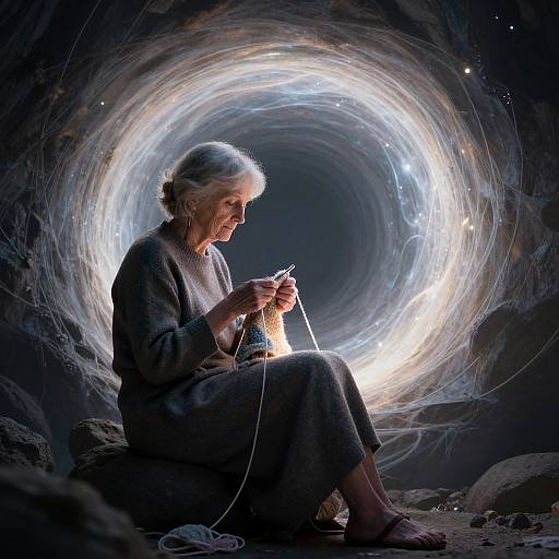 Photograph of an elderly woman with gray hair, wearing a dark robe, knitting in a dark cave with a glowing, swirling light tunnel behind her.