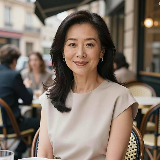Elegant Asian Fashion Designer in Paris Cafe