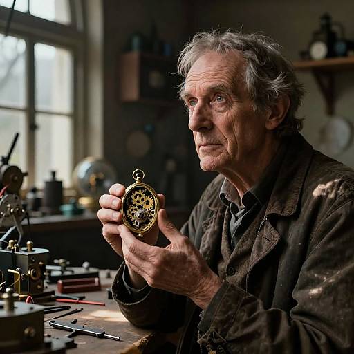 Photograph of an elderly man with gray hair, wearing a dark jacket, holding a vintage pocket watch in a dimly lit, cluttered workshop with