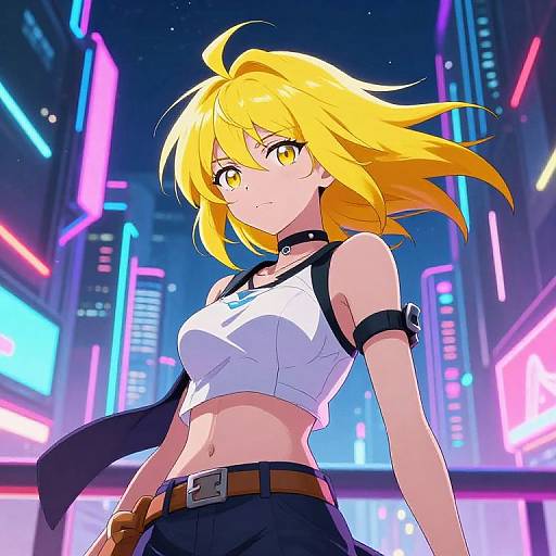 Yellow-Haired Anime in Cyberpunk City