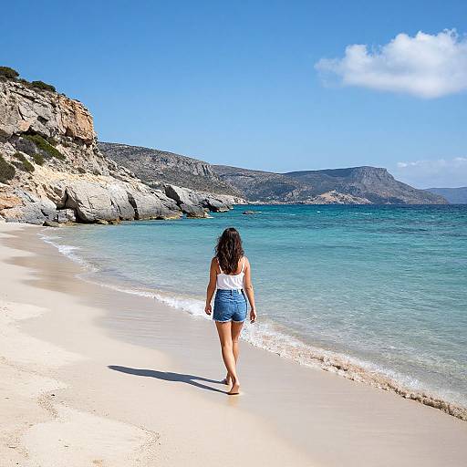 Photograph of a woman with long dark hair, wearing a white tank top and blue denim shorts, walking on a sunny, rocky beach with clear turquoise