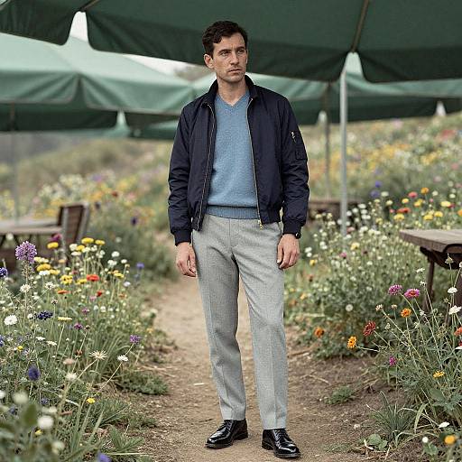 Photograph of a young man with short dark hair, wearing a blue sweater, navy jacket, light gray pants, and black shoes, standing in a