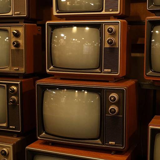Photograph of vintage wooden CRT televisions stacked in a store, displaying dark, cloudy screens and round, black knobs on the right side. Warm,