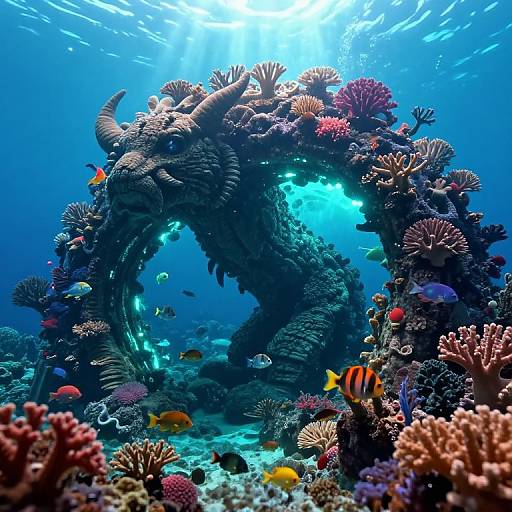Photograph of a vibrant underwater coral arch, adorned with colorful corals, sea fans, and various fish, illuminated by sunlight penetrating from above.