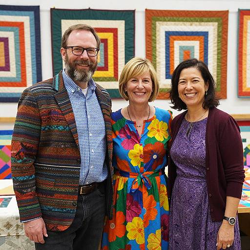 Smiling Adults in Colorful Quilt Shop