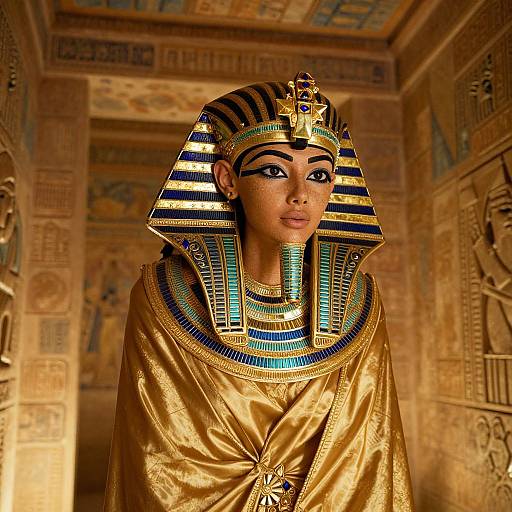 Photograph of an Egyptian woman in a golden headdress and robe, adorned with blue and gold stripes, standing in an ancient temple with detailed carv